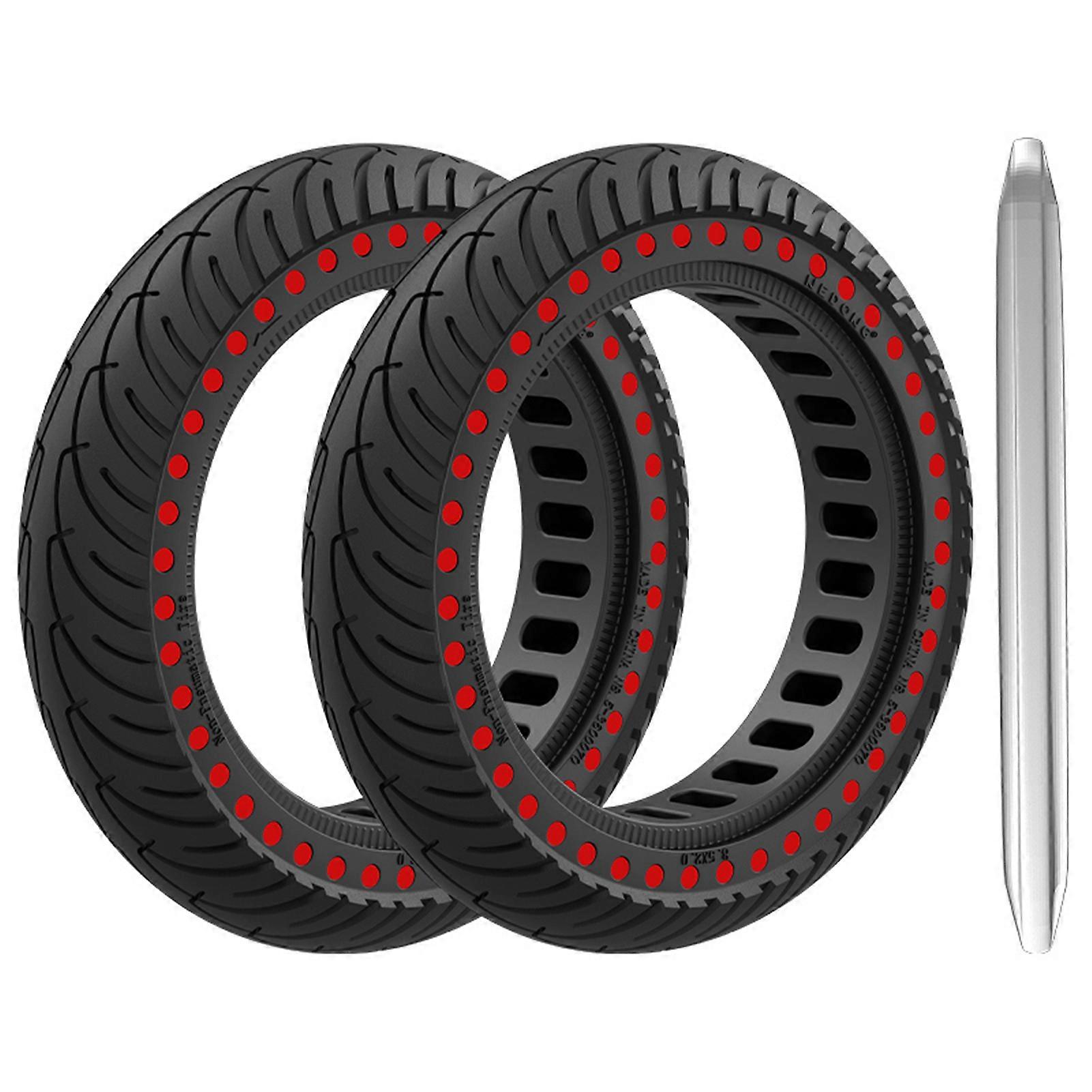 8.5*2 Solid Puncture-Proof Tyres Red Dots Set with Pry Bar Durable Elastic Rubber Non-Slip Design 2 Tyres and 1 Pry Bar for Scooter Wheel