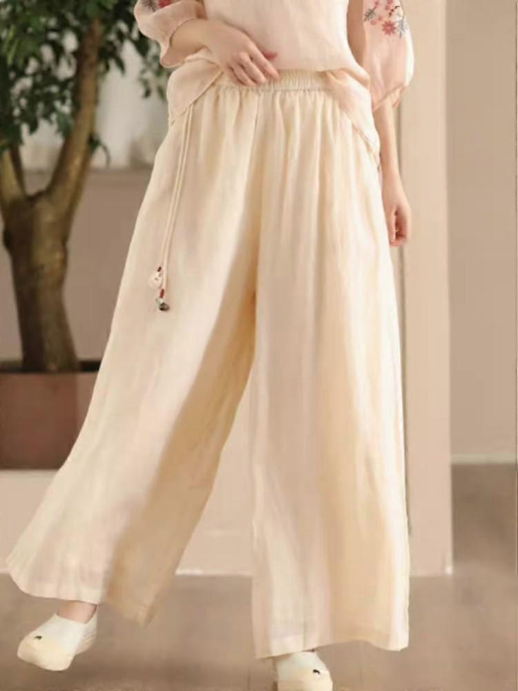 Johnature Women Vintage Wide Leg Pants Solid Color Summer Elastic Waist Trousers Loose Casual Pants