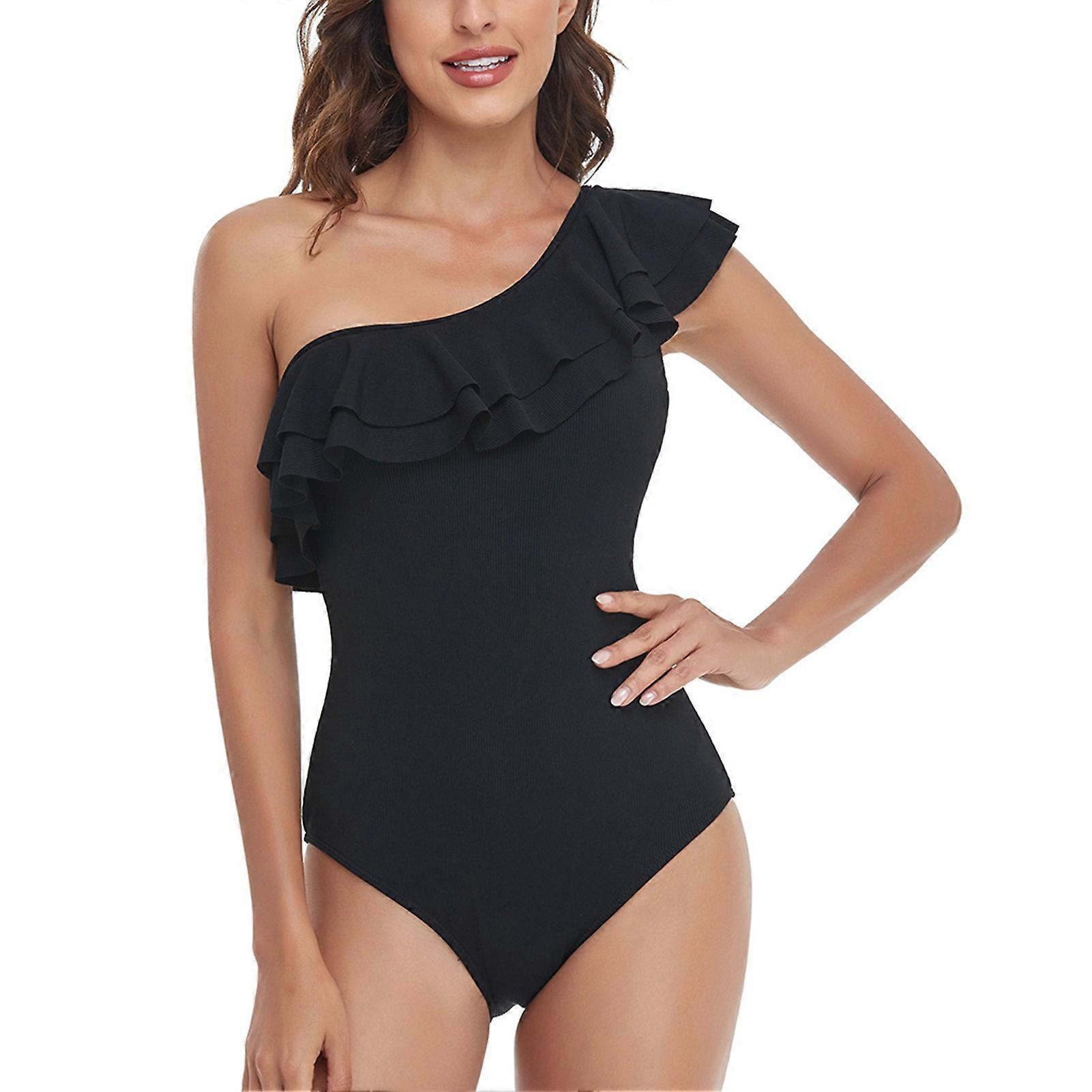 Femmes Maillots De Bain À Une Épaule Asymétrique Maillots De Bain Une Pièce Maillots De Bain À Volants Noir M