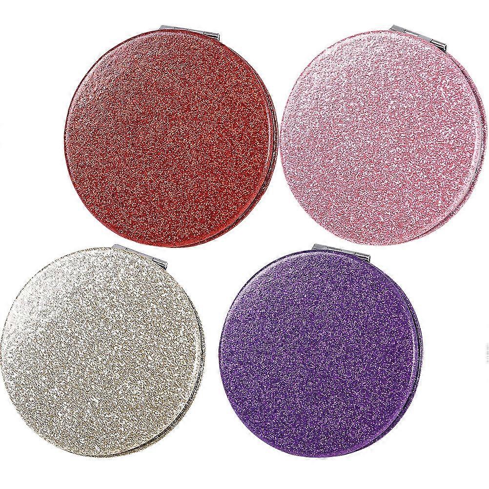 Compact Mirror For Girls Portable Round Makeup Travel High Definition 7.2x7.2cm Leather Glass Electroplated Frame 4Set
