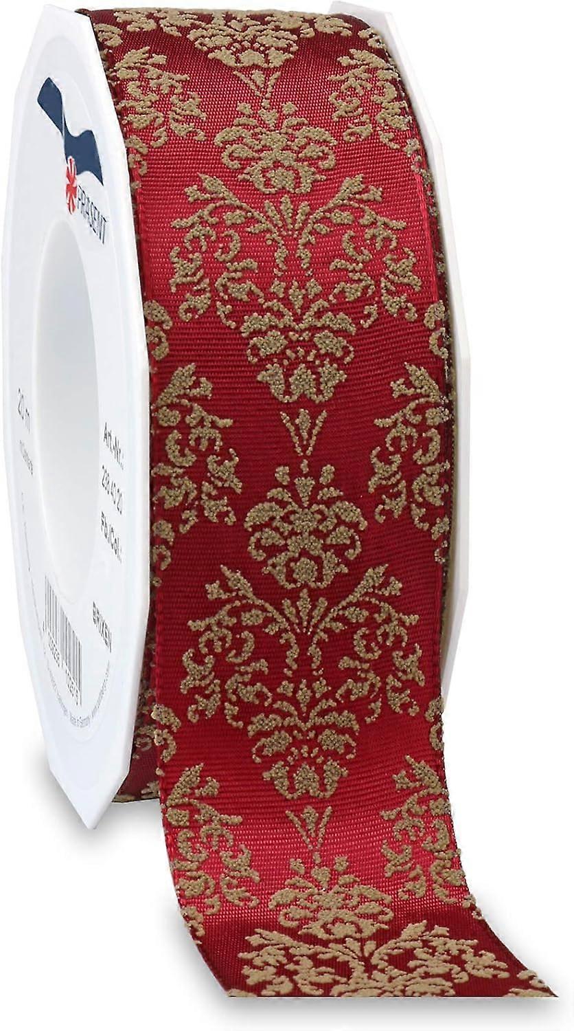 Wired & Printed Ribbon 40 mm Width, 44 m Length.Ruby Red-taupe