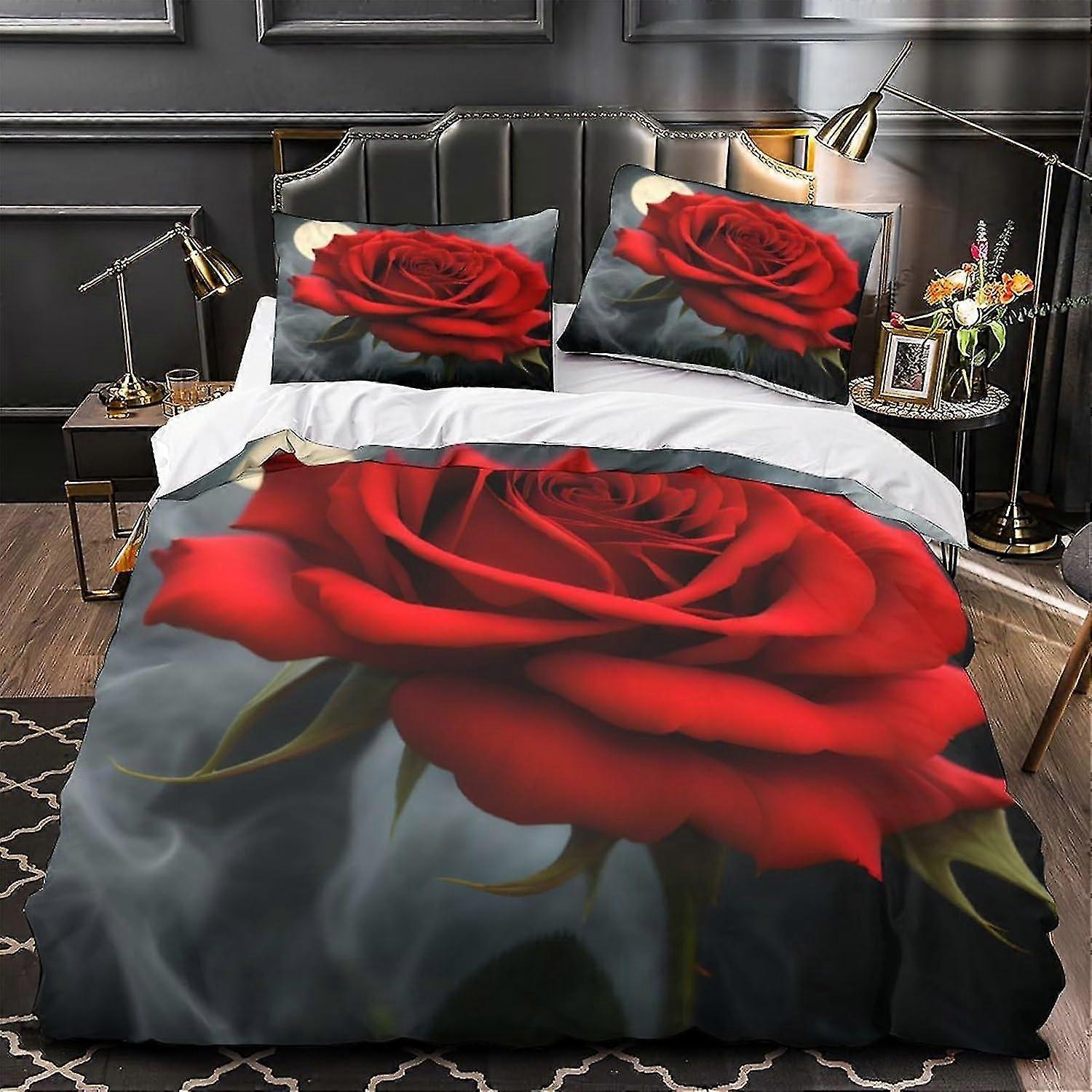 Red Rose Quilt Covers 3PCS Style Printed Duvet Cover King Bed Set, Ultra Soft Comforter Cover with Zipper Closure
