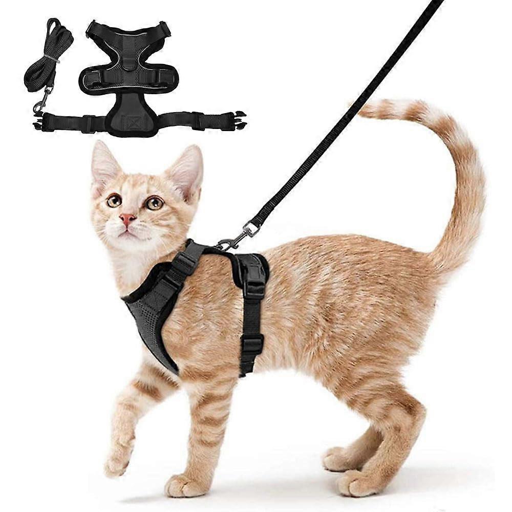 Cat Harness And Leash Set, Escape-Proof, Adjustable, Soft Padded, Air Mesh, Breathable Chest Harness, Black, Size Small