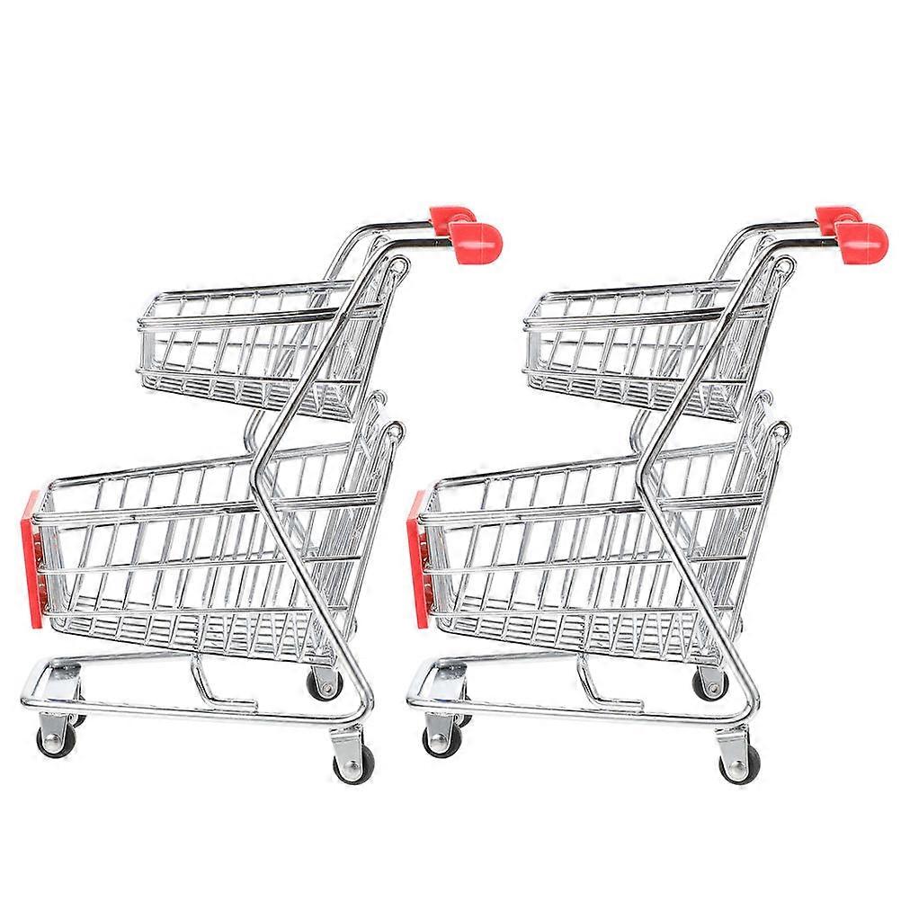 Mini Shopping Carts Two-Tier Shopping Cart Office Use Silver 17.50X11.00X8.50Cm Decoration 2Pcs