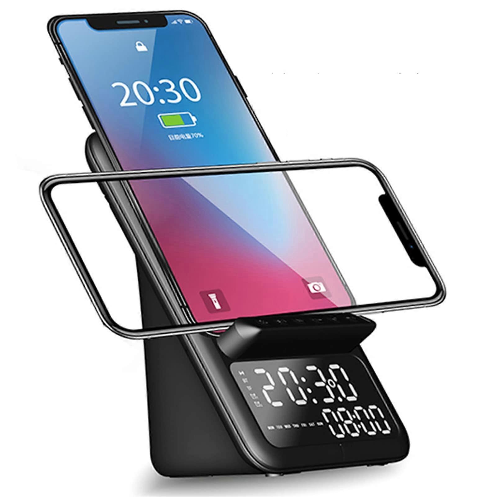 LED Digital Alarm Clock with Qi Wireless Quick Charge for Bedroom, 3in1 Bluetooth Speaker on Bedside Table, NonTicking Support for FM Radio