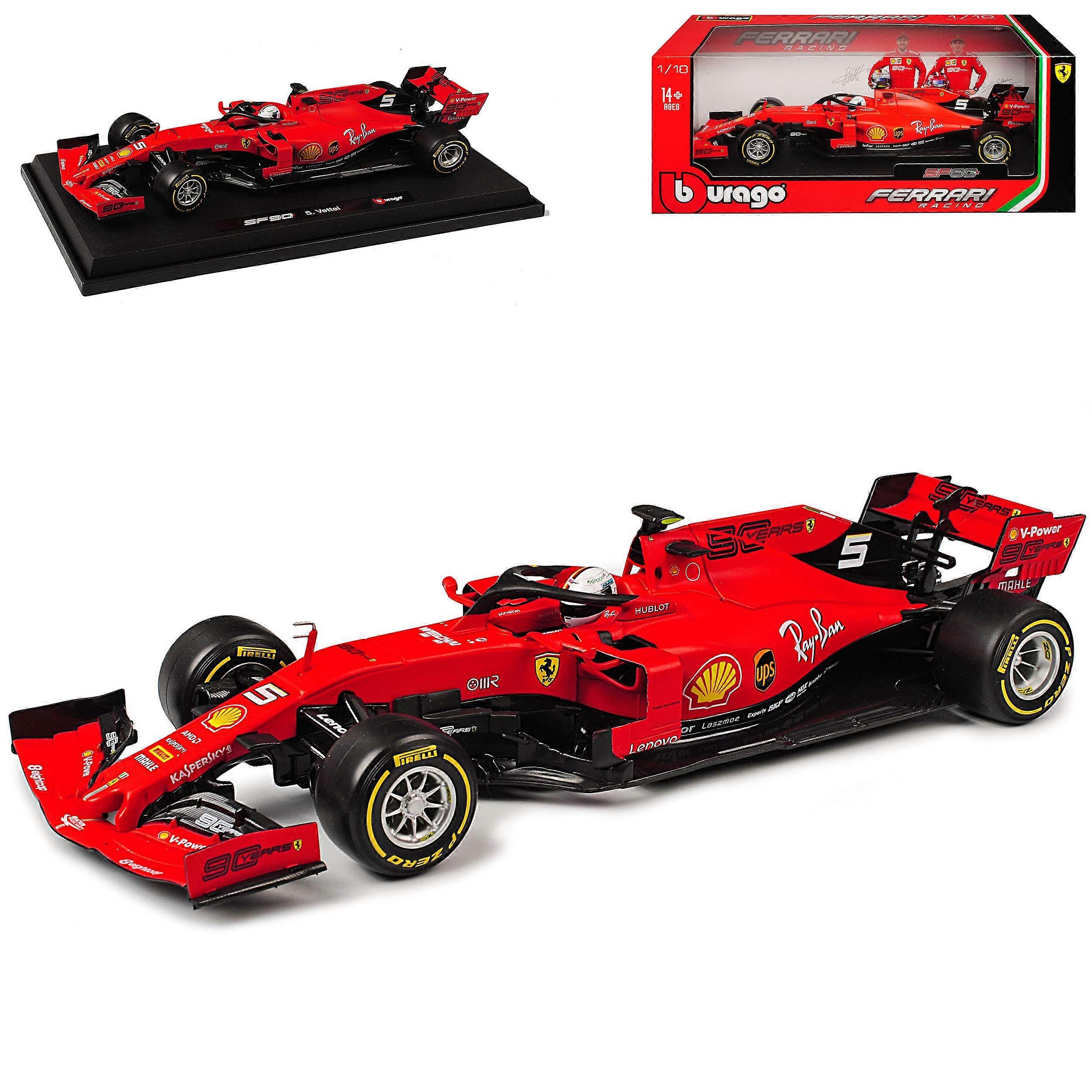 Ferrari SF90 No. 5 Sebastian Vettel Season 2019 Matt Red with Base 1/18 Burago Model Car with Individual Number Plate Including Custom License Plate