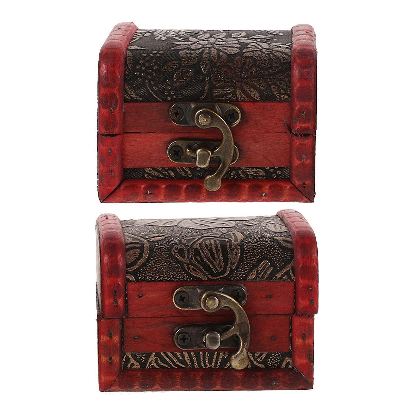 2pcs Vintage Wooden Storage Box Mini Keepsake Case for Jewelry Trinkets Ring Holder with Lock Decorative Box for Home