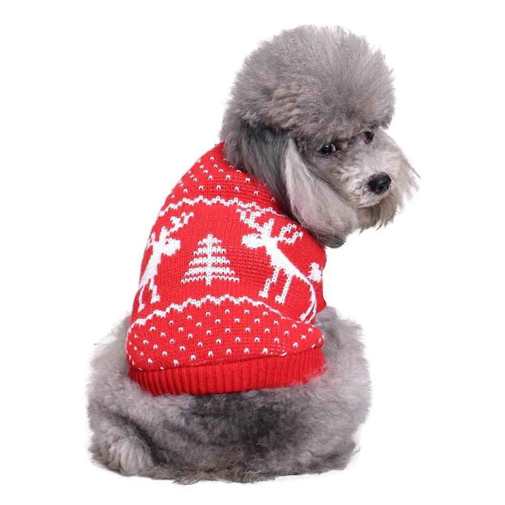 Red Christmas Pet Sweater for Dogs Stretchable Acrylic Material Snowflake and Reindeer Pattern Size S