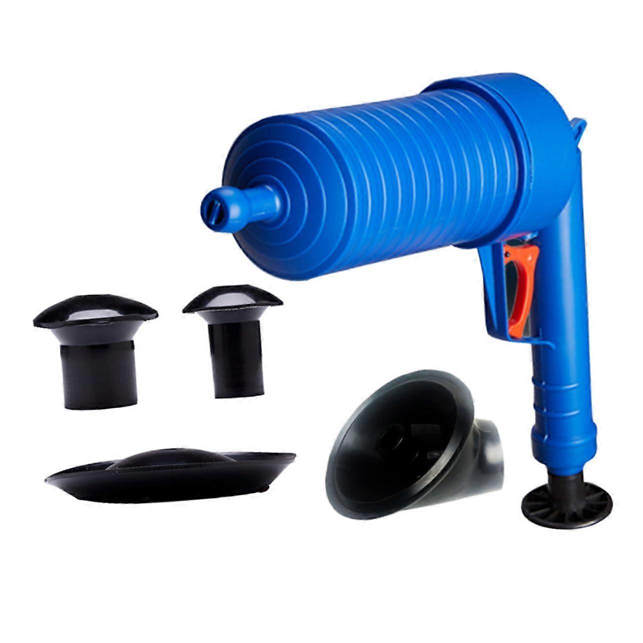 Air pressure drain cleaner, handoperated sewage cleaning brush for toilets, sinks, and sewers, suction cup sizes, inflator, effective clog removal.