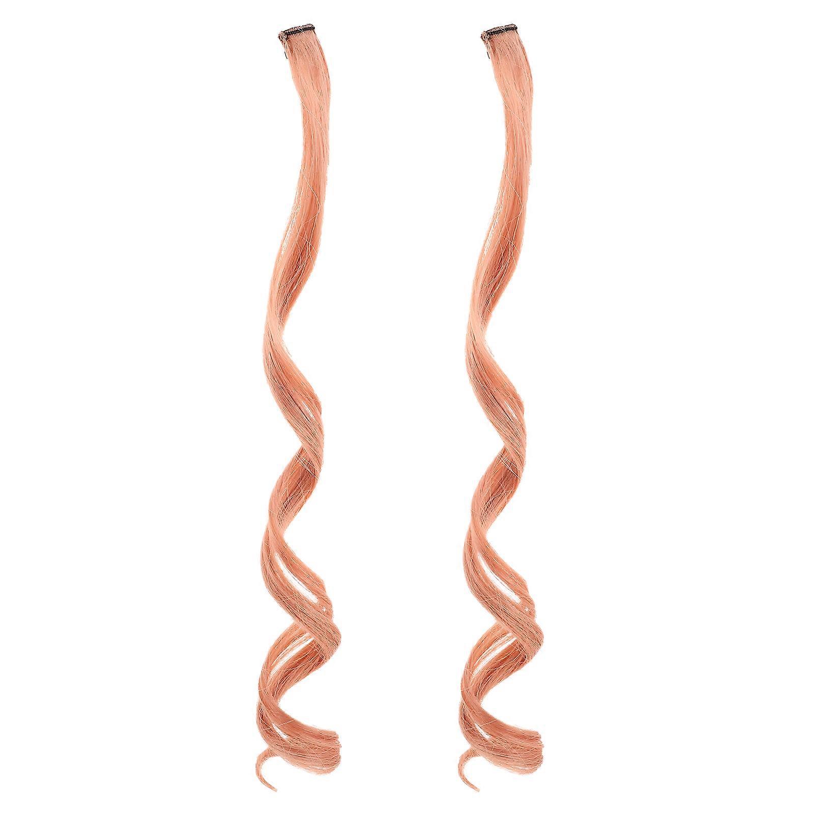 Pink Hair Extensions with Design for Party Long Curly Wavy Synthetic Fiber Hairpieces 2 Pieces