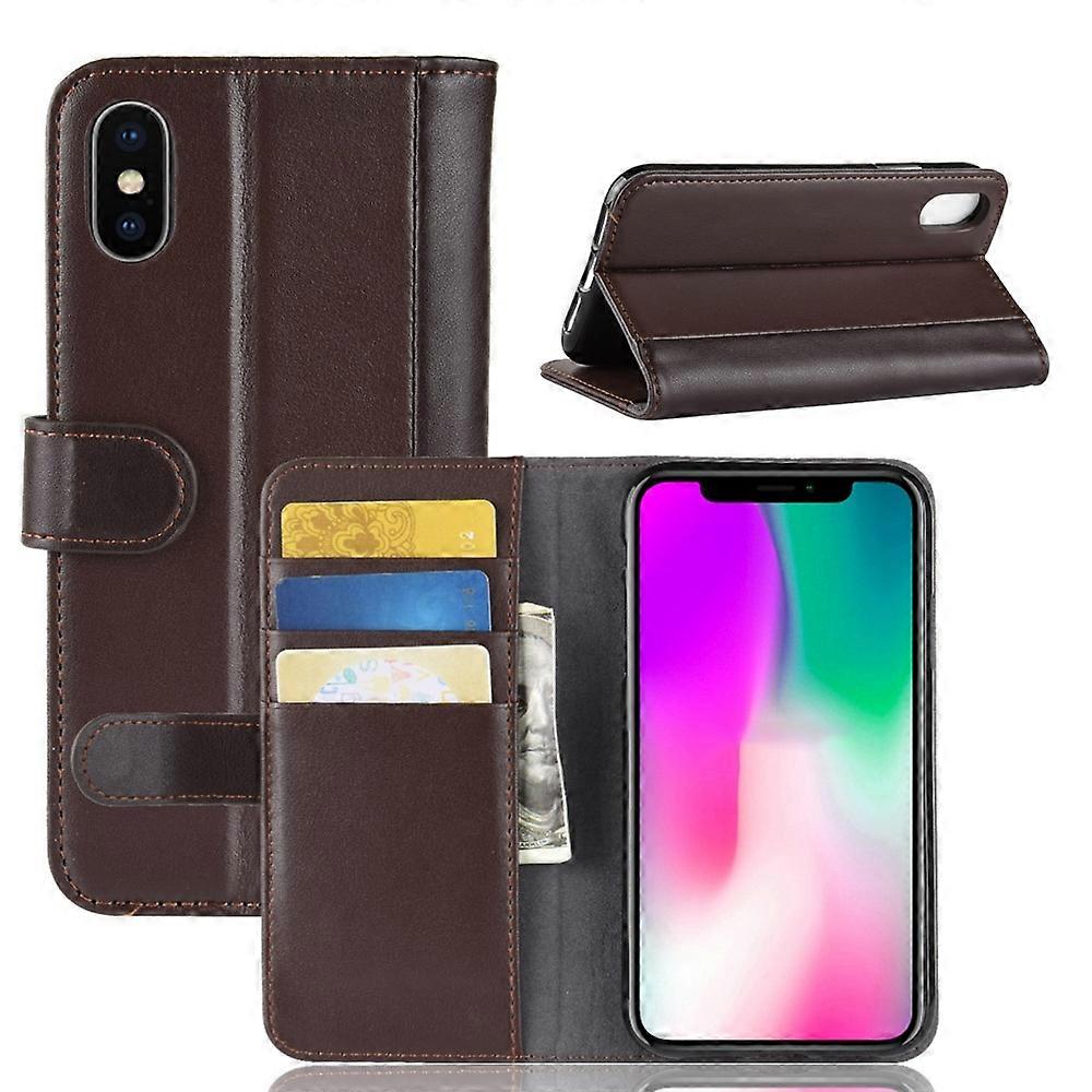 U2a For iPhone XR Phone Cases Genuine Split Leather Wallet Mobile H5y Cover Stand - Coffee