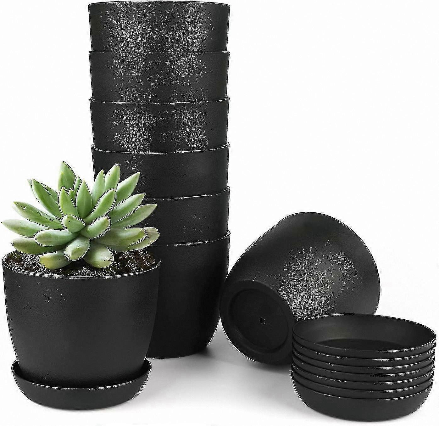 Set of 8 Durable Black Round Planters with Drainage Trays for Small Plants and Succulents