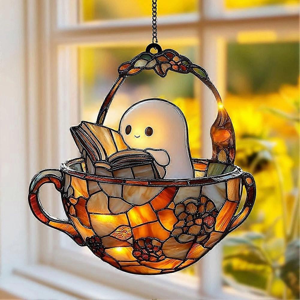 Ghost Reading Book Stained Glass Window Hanging Sun Catcher