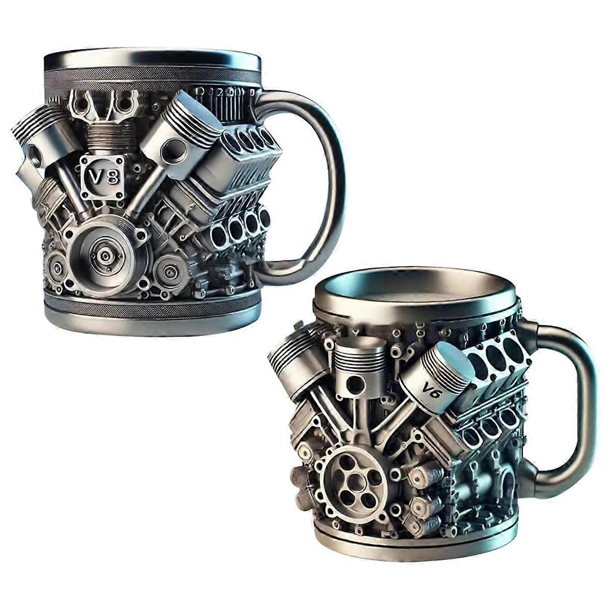 2PCS V6 & V8 Engine Coffee Mug, Car Engine Coffee Cup with Insulated Handle, for Car Lovers Gift