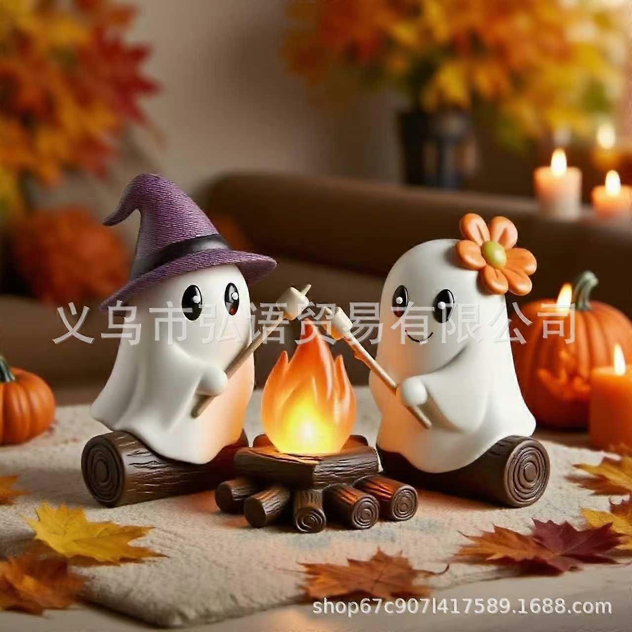 Glow-in-The-Dark Ghost Campfire Gathering, Cute & Cozy Halloween Ghost Figurine, Resin Ghost Statue for Home, Mantel, Shelf, Desk