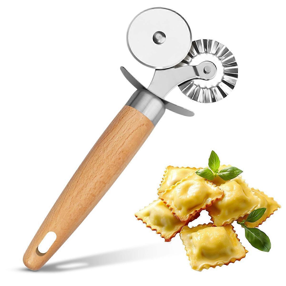 Pasta Cutter Wheel - Fluted Pastry Cutter Double Wheel Ravioli Cutter Tool with Wooden Handle for Pasta Pizza Cookie