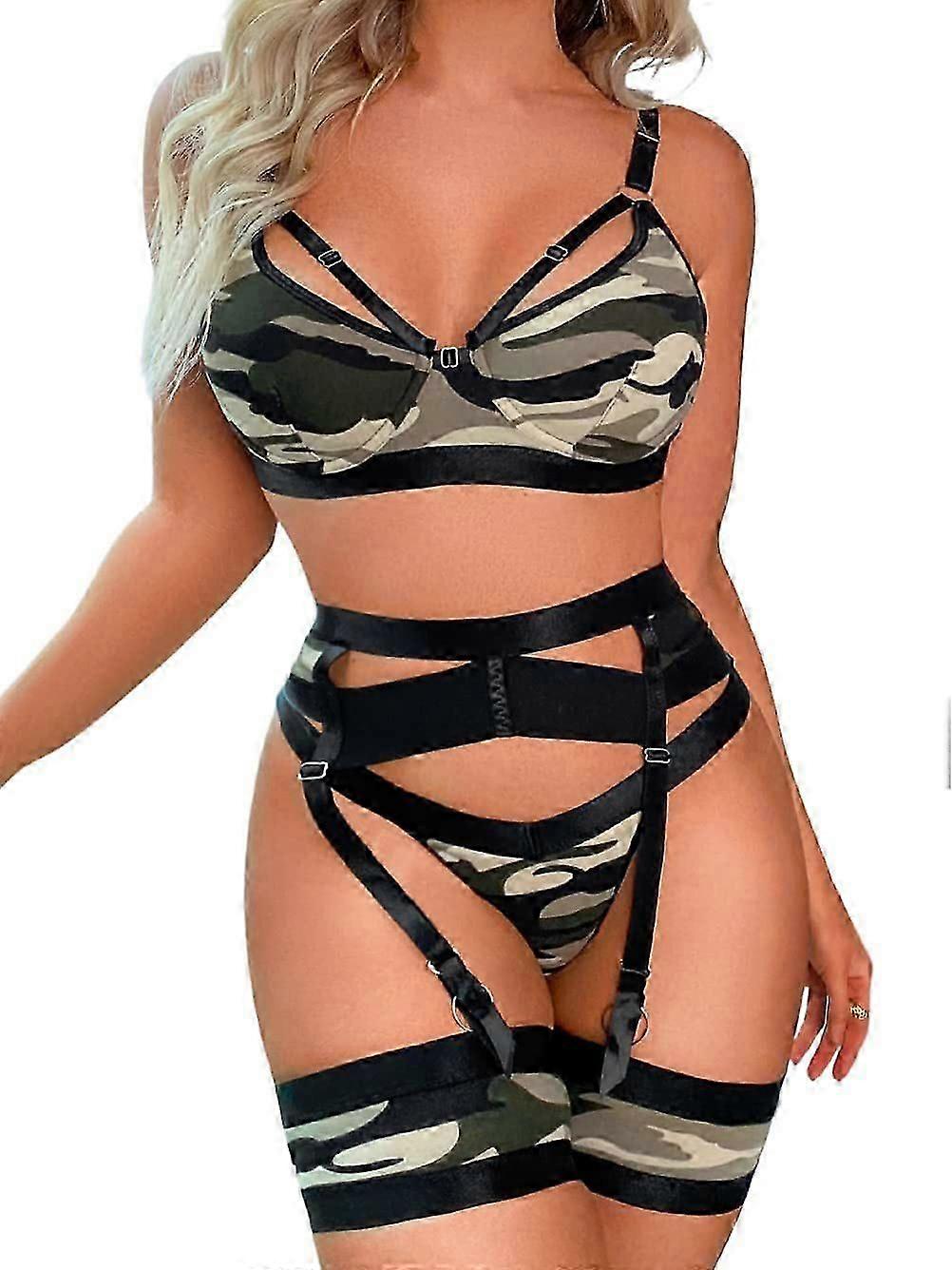 Garter Lingerie for Women,Sexy Lace Lingerie,Sheer Matching 4 Piece Lingerie Set Camo
