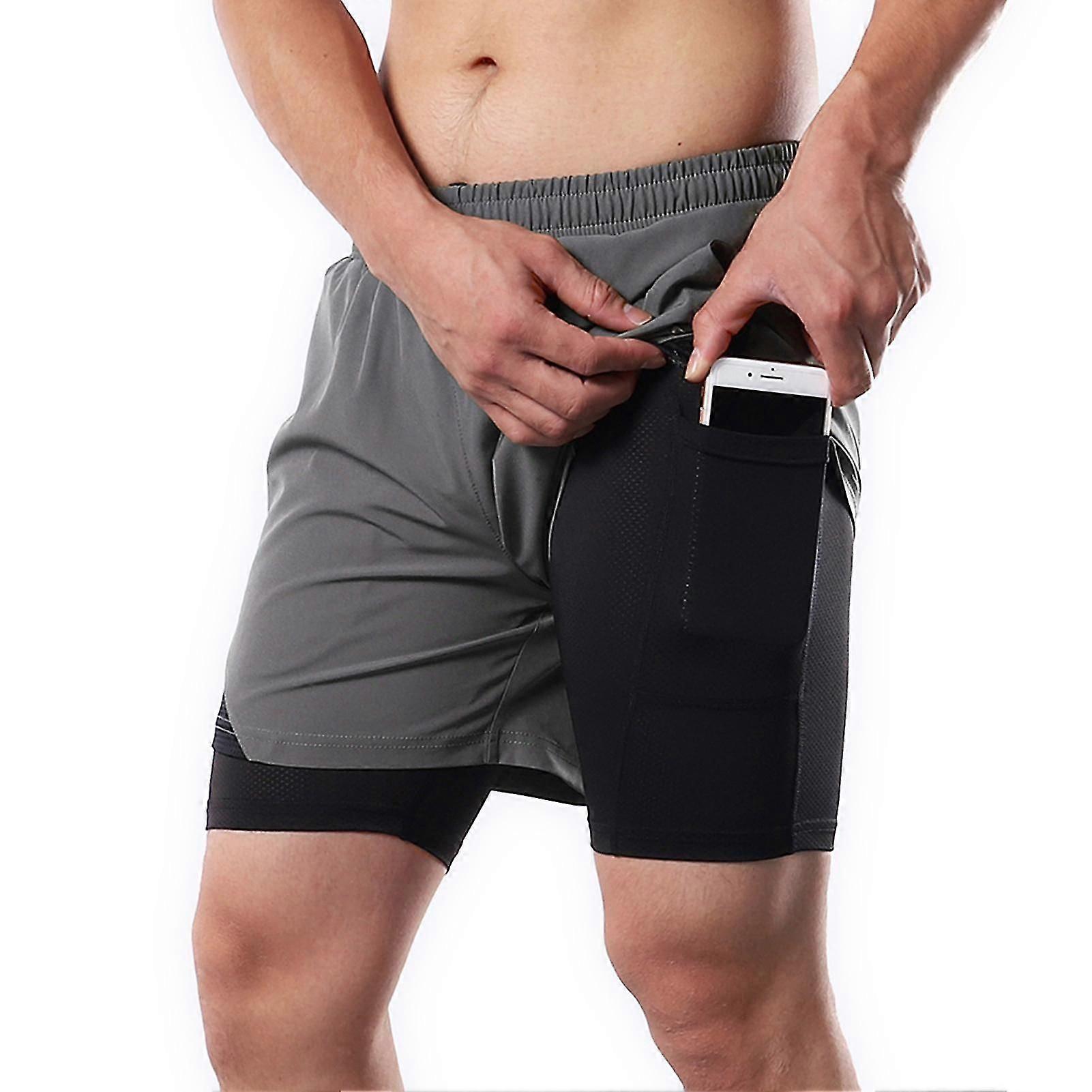 2-In-1 Men Running Shorts with Towel Loop Pockets Quick Dry Exercise Shorts for Training Gym Workout