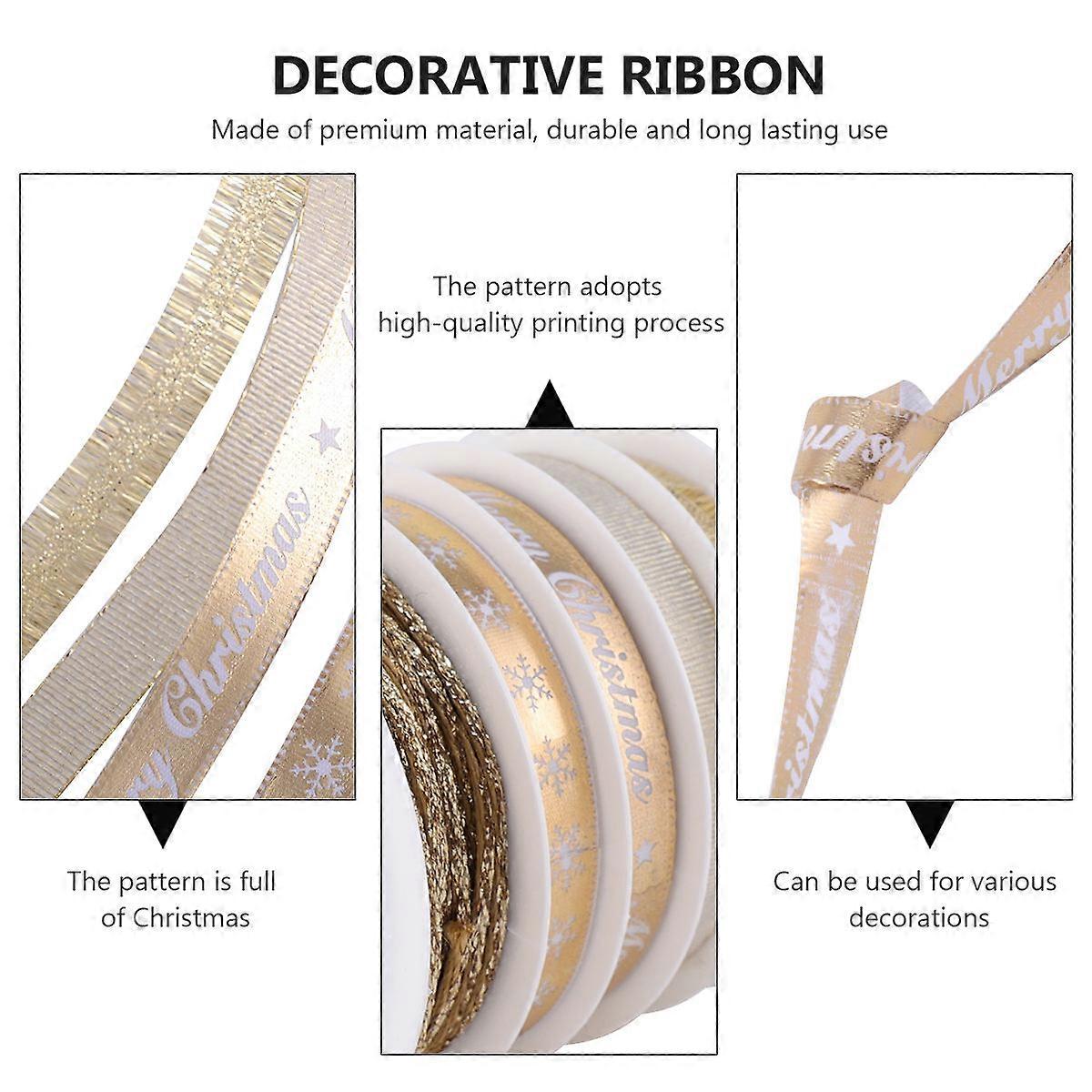 Panglică pentru decorațiuni de Crăciun, împachetare cadouri, panglică decorativă, material textil auriu, potrivit pentru pachete de sărbători, 5 role