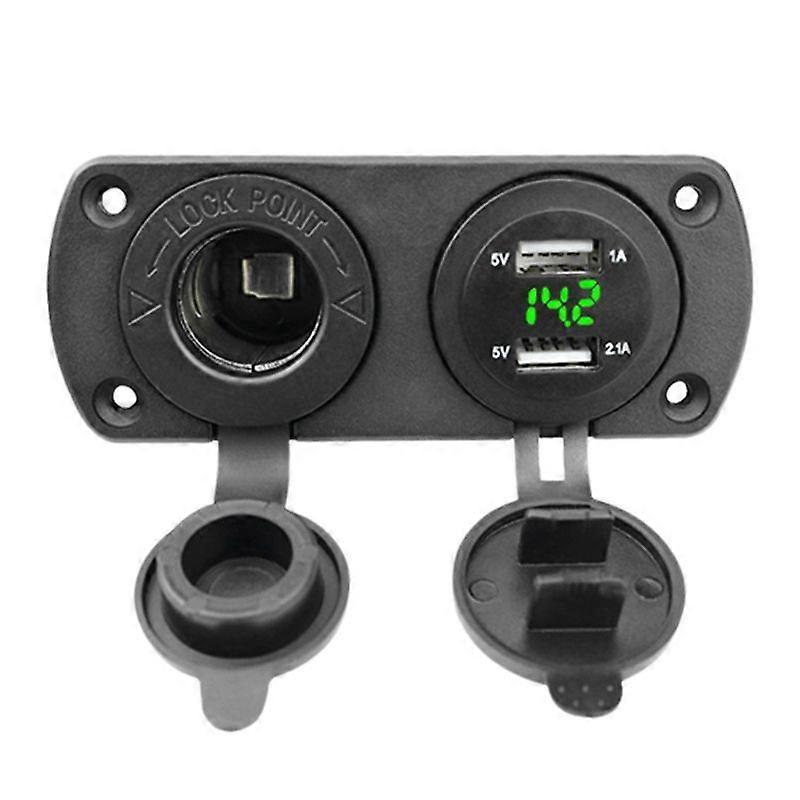 12-24V Dual USB Outlet Volt Power Outlet with Green LED Voltage Display Lighter Socket Switch Panel Adapter for Car Boat