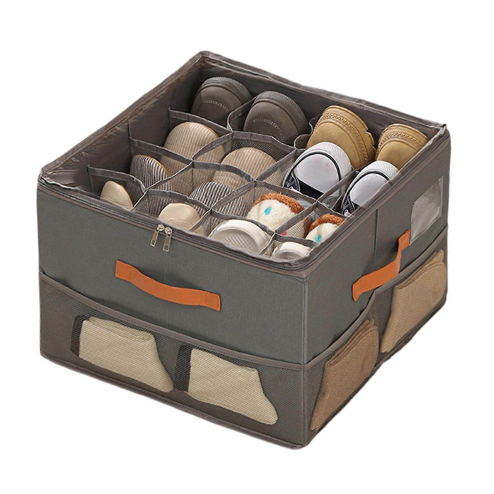 Shoe Storage Bin with Clear Cover Zipper Closure Large Capacity Multiple Compartments Shoe Organizer Adjustable Dividers
