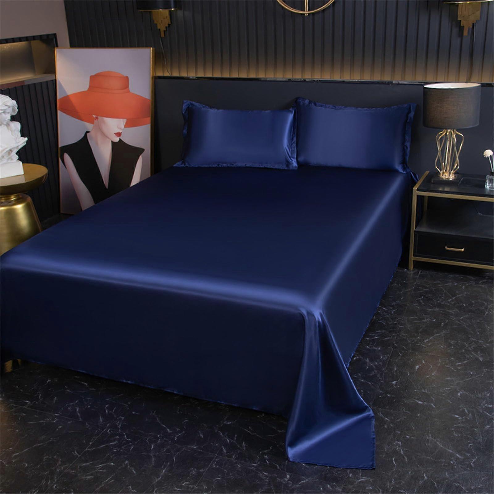 Stain Flat Sheets 230x250 cm Blue Satin Bed Sheets Super Soft Satin Bedding