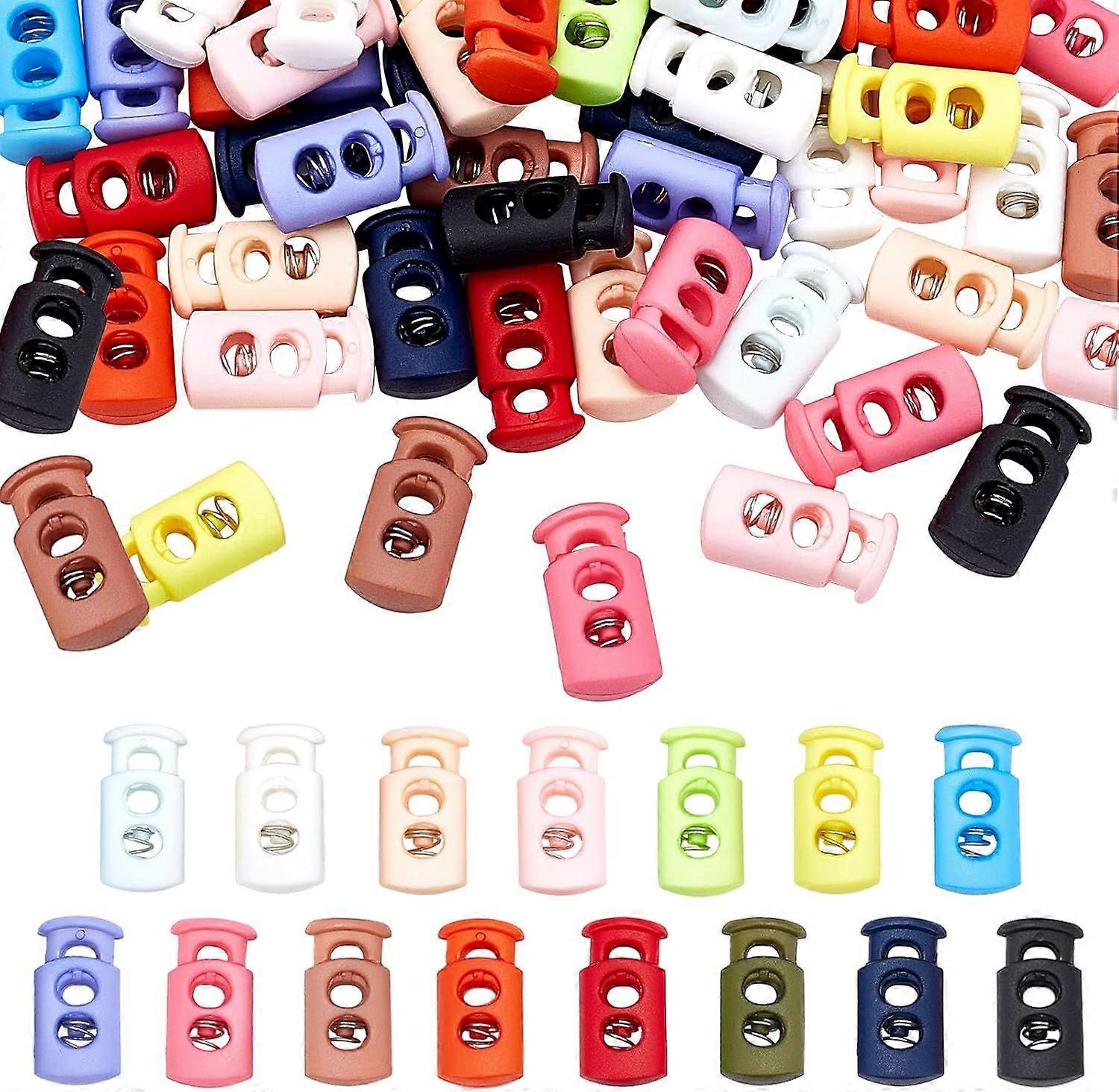 75pcs Plastic Cord Locks 15 Colors Double Hole Spring Cord Locks End Toggle Stoppers Cylinder Cord Clips End for Camping Hiking Shoelace Backpacks Dra