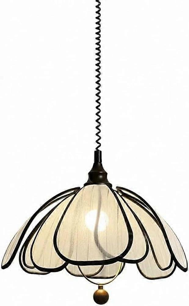 French Vintage Fabric Pendant Light with Walnut Accent, Adjustable Height, 3Color LED