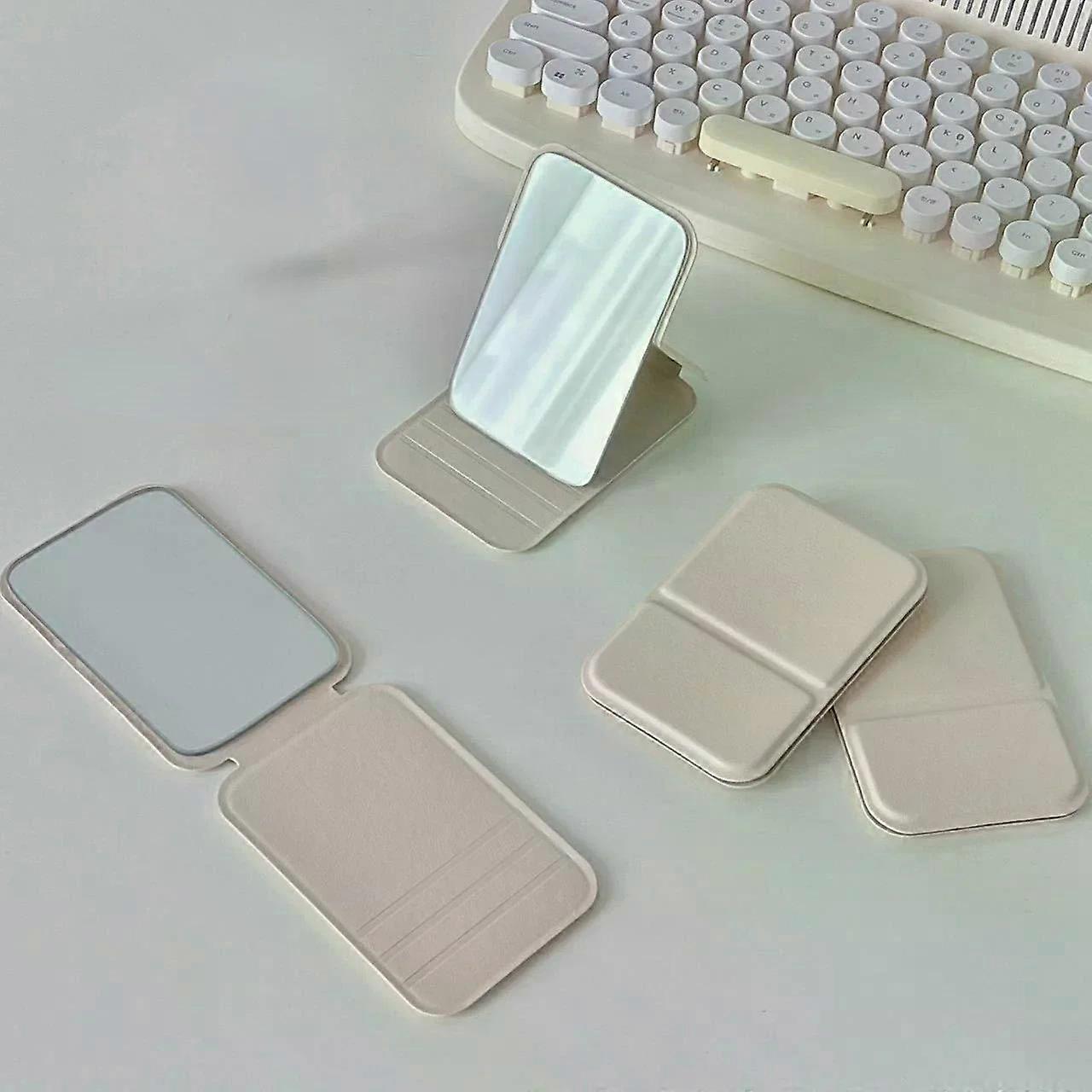 Desktop Makeup Mirror Solid Color PU Leather Simple Portable Handheld Makeup Mirror Foldable Student Compact Cute Pocket Mirror