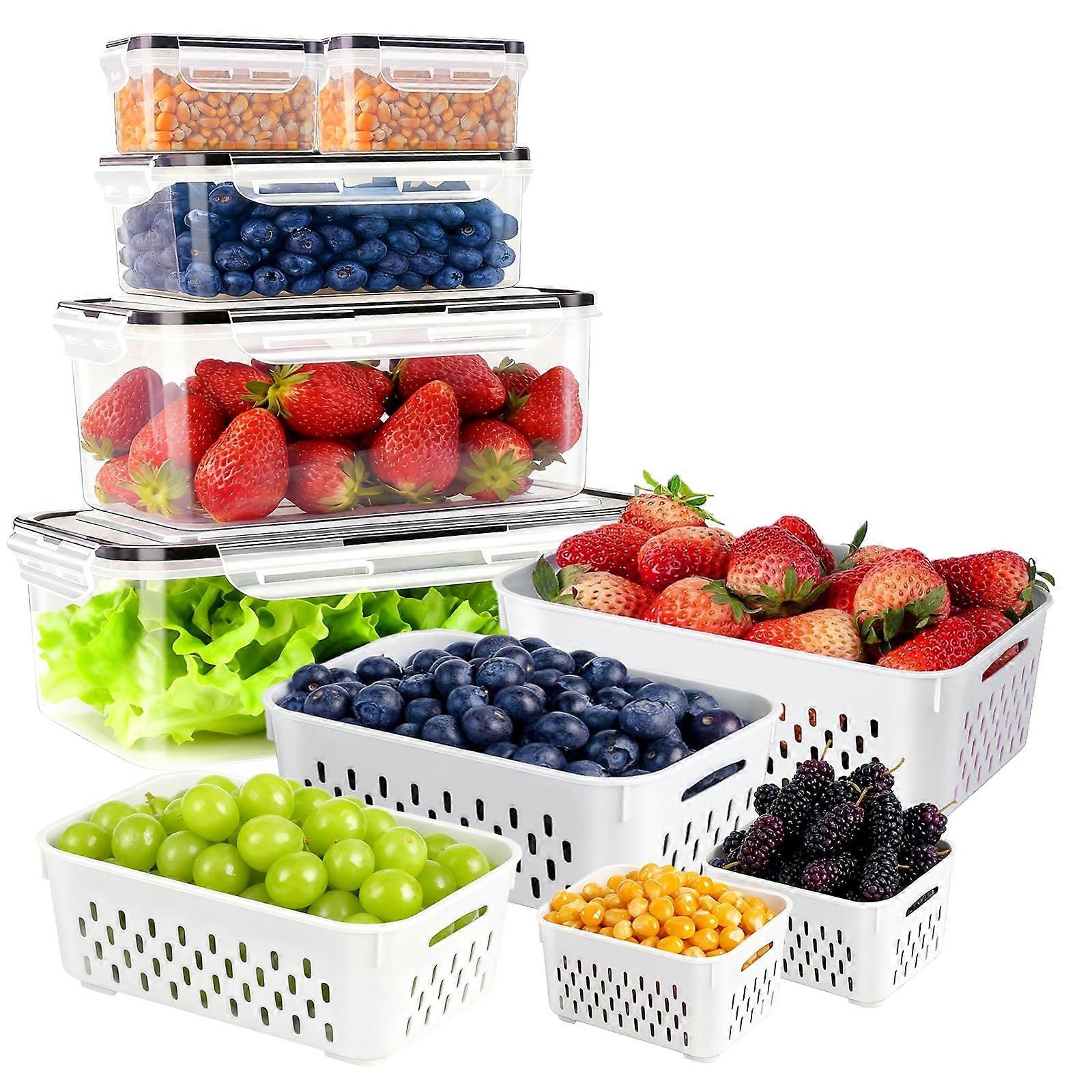 15 Piece Fruit Storage Containers for Fridge, BPA  Stackable Produce Saver with Colander