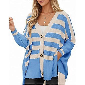 Ebifin Womens Oversized Striped Cardigan Sweaters V Neck Fuzzy Knit Button Up Side Slit Fall Sweater Coats