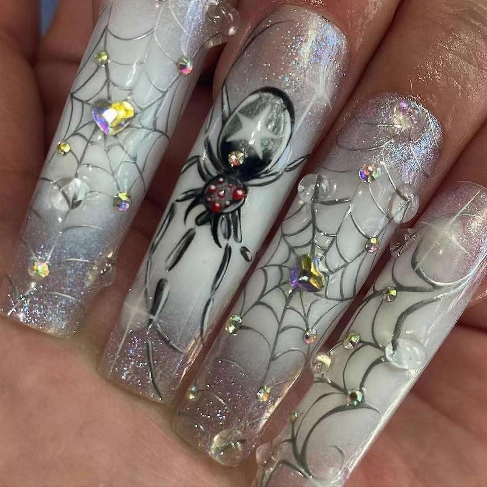 Silver Chrome Press On Nails with Goth Spider Web, Reusable Long Square Acrylic Set 24pcs