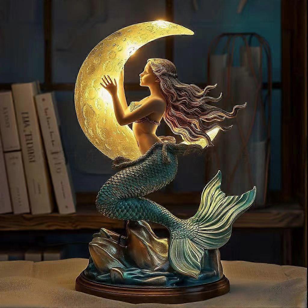 Lampe de table Sirène et Lune, lumière LED chaude et décorative, idéale pour la chambre, le salon et une décoration intérieure féérique. Cadeau parfait pour les amoureux des sirènes et les femmes.