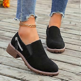 Botines Willtoo de ante para mujer, tacón bajo y grueso, cremallera lateral, punta redonda y suela antideslizante con tacos (negro)