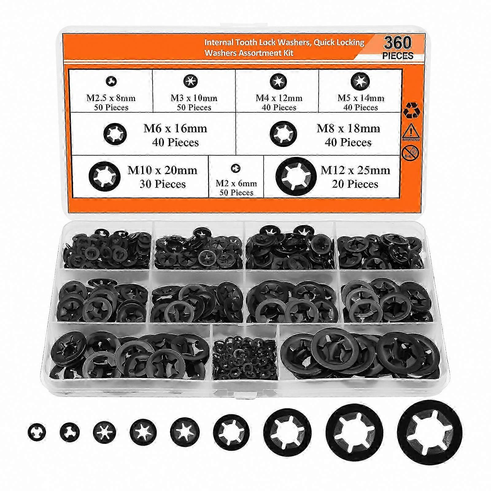 360Pcs Internal Tooth Star Lock Washers 2-12mm Assorted Sizes Quick Speed Locking Washers Retaining Clips Fasteners