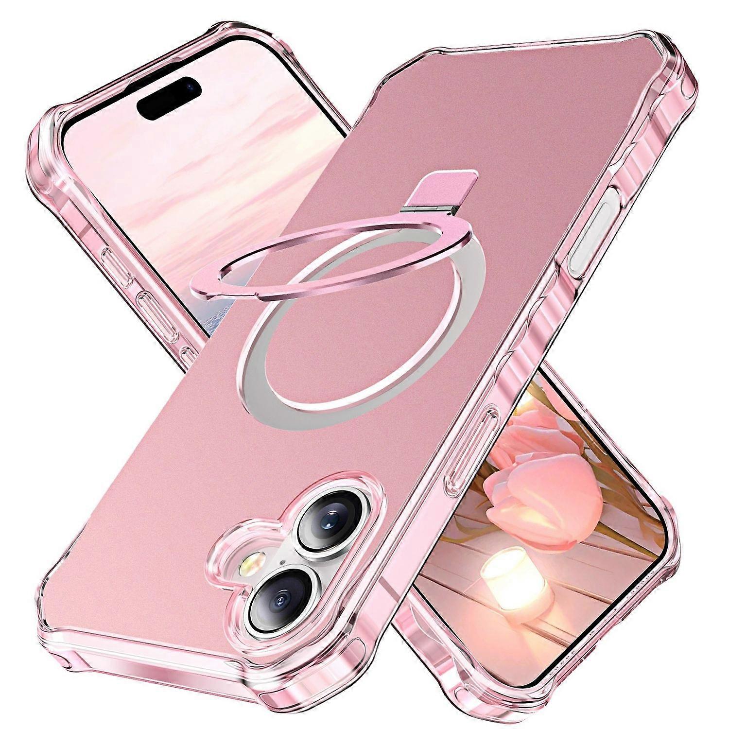 For Apple iPhone 16 Plus Solid Color Wave Design MagSafe Ring Holder Case Pink