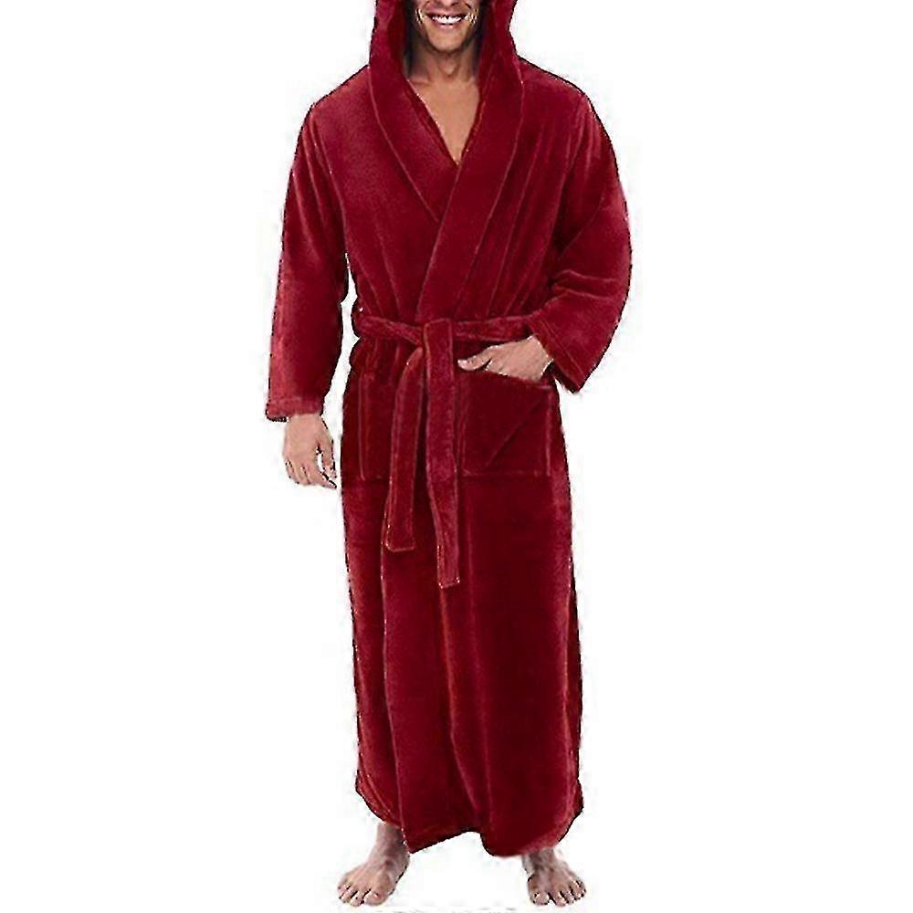 Men Fleece Lined Hooded Soft Bathrobe Solid Long Dressing Gown