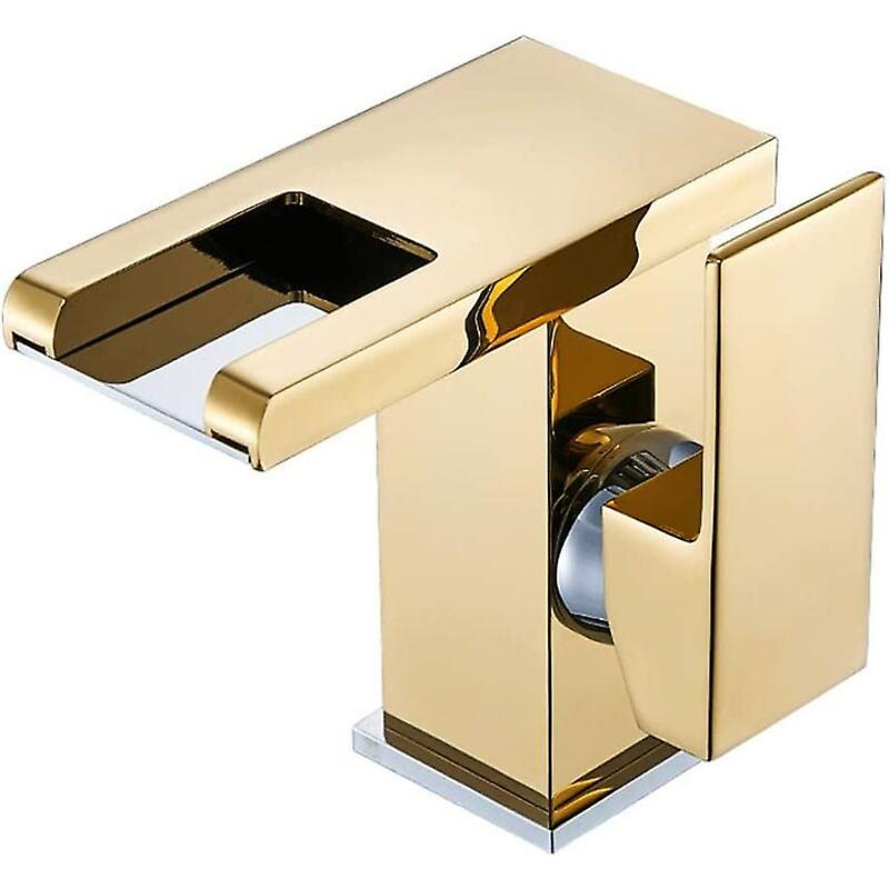 Led Waterfall Faucet Sink Bathroom Faucet, Modern Elegant Design Gold Brass Single Handle Sink, Hot and Cold Water Available, 3 Color Changes