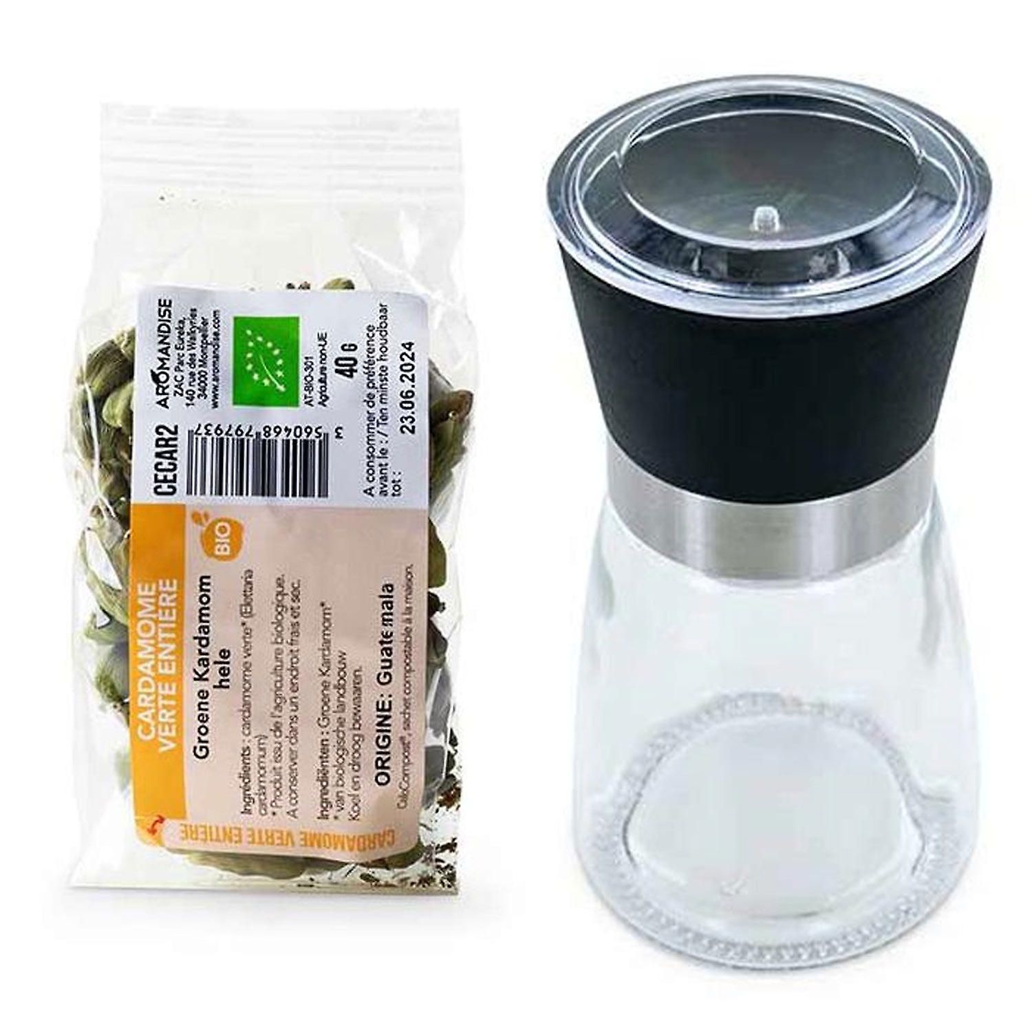 Glass and ceramic spice mill + organic green cardamom