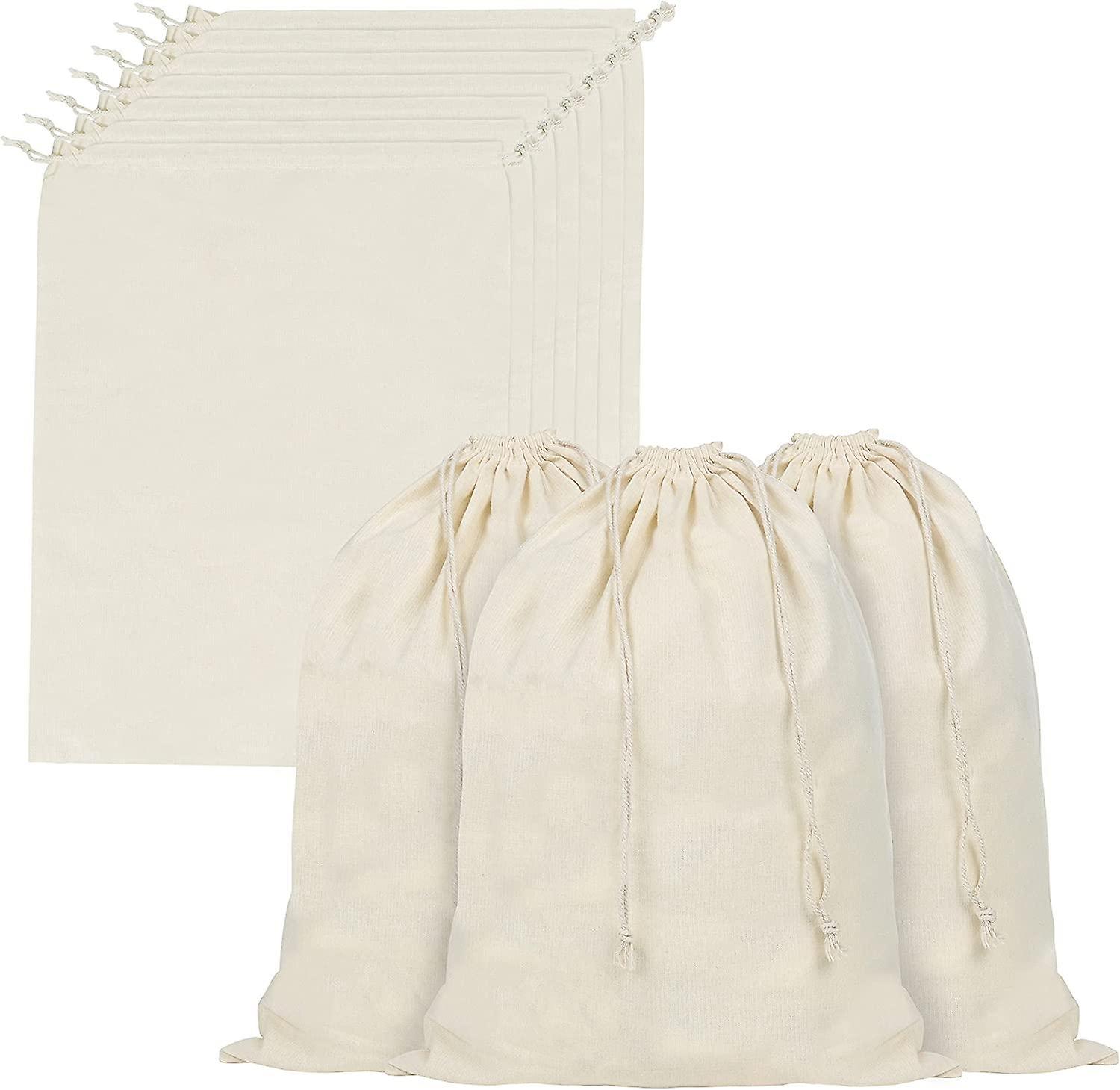 10 Muslin Cotton Drawstring Bag with Sliding Handles (Pack of 10) - Fabric Pouch L30 x H40 cm - Reus
