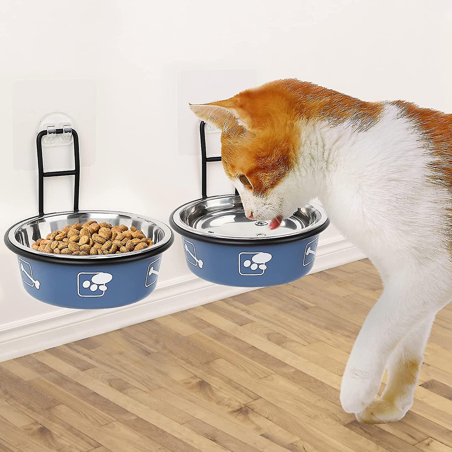 Erhöhter Katzennapf, wandmontiertes Katzenfuttertablett, erhöhter Katzenfutter- und Wassernapf, erhöhter Edelstahl-Tiernapf mit Halter, rutschfest und auslaufsicher