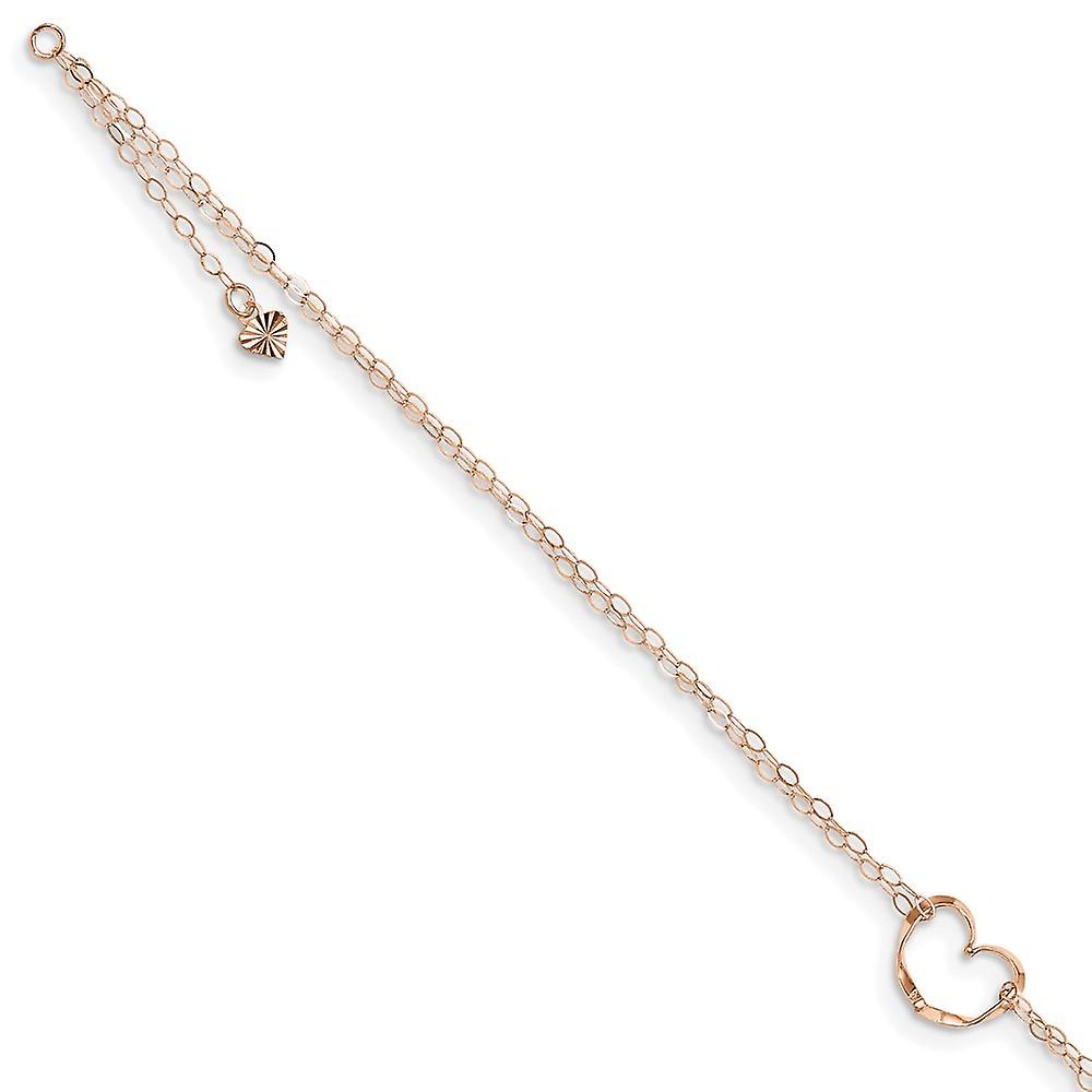 14k Rose Gold Double Strand Love Heart Plus 1in Ext Anklet 9 Inch 11mm Wide-Anklet for Women
