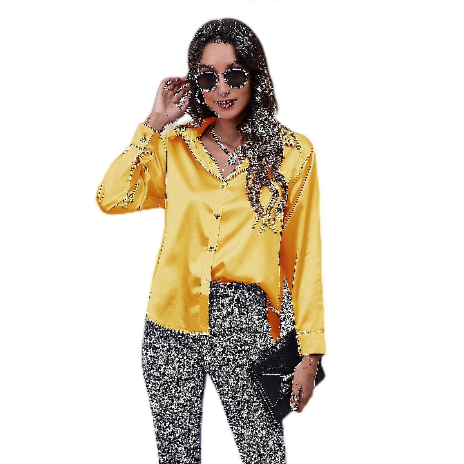 Bayan Bluz Saten Uzun Kollu Düğme Aşağı Zarif V Yaka İpek Rahat Ofis Üstleri Düz Renk Gömlekler