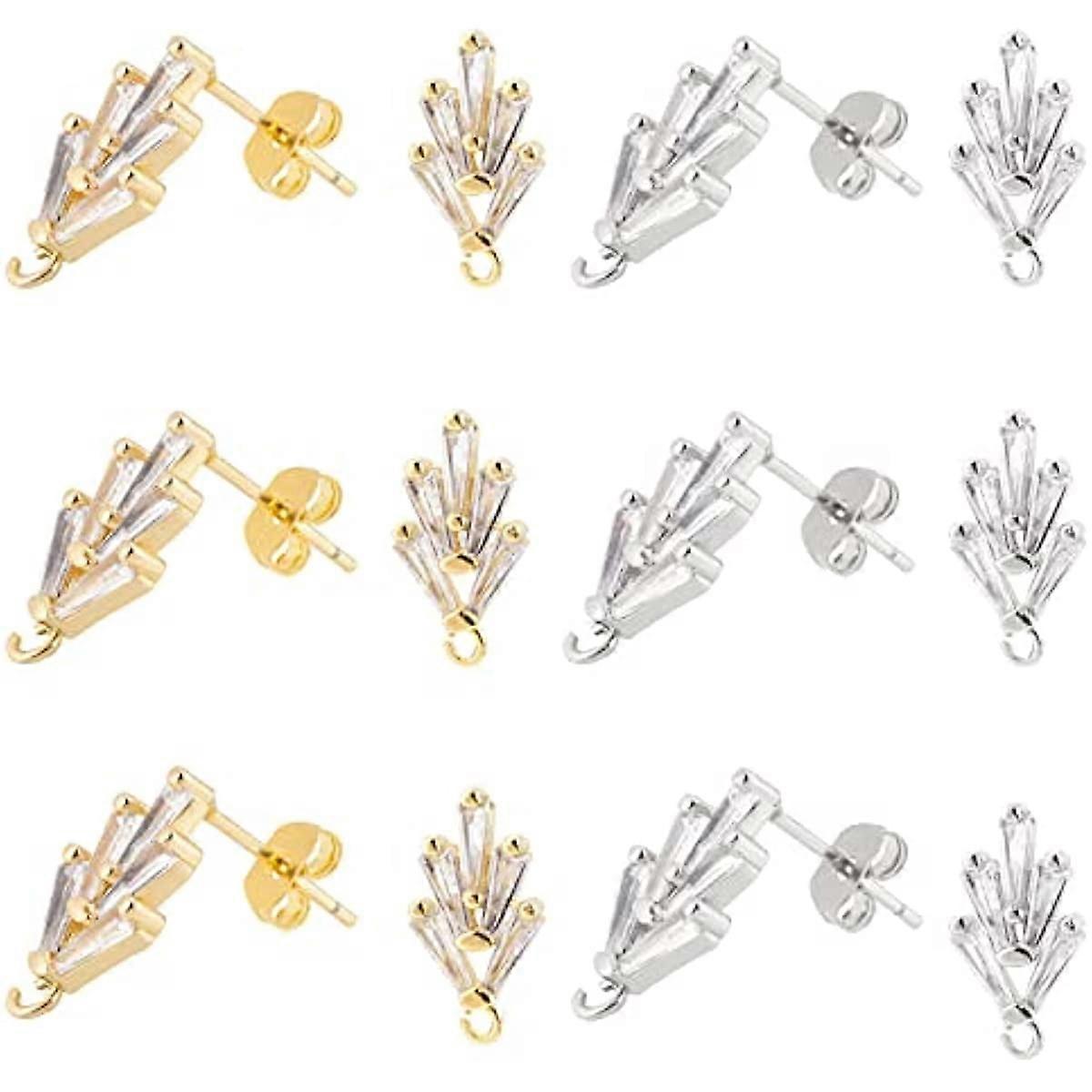 6 Pairs Brass Cubic Zirconia Earring Studs 2 Colors 18K Gold Earring Studs with Loop with 40 Pcs Ear Nuts Leaf Earring Posts Findings for Jewelry Maki