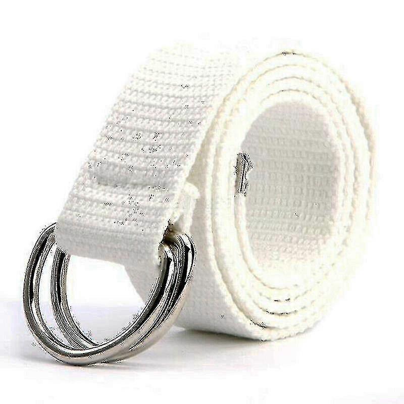 Unisex Canvas Belt Plain Webbing Double D Ring Metal Buckle Waistband