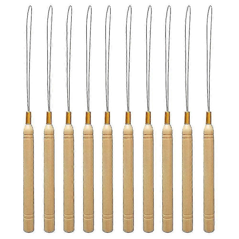 10 Pieces Wooden Hair Extension Loop Needle Threader Pull Hook Tool And Bead Device Tool For Hair Or Feather Extensions