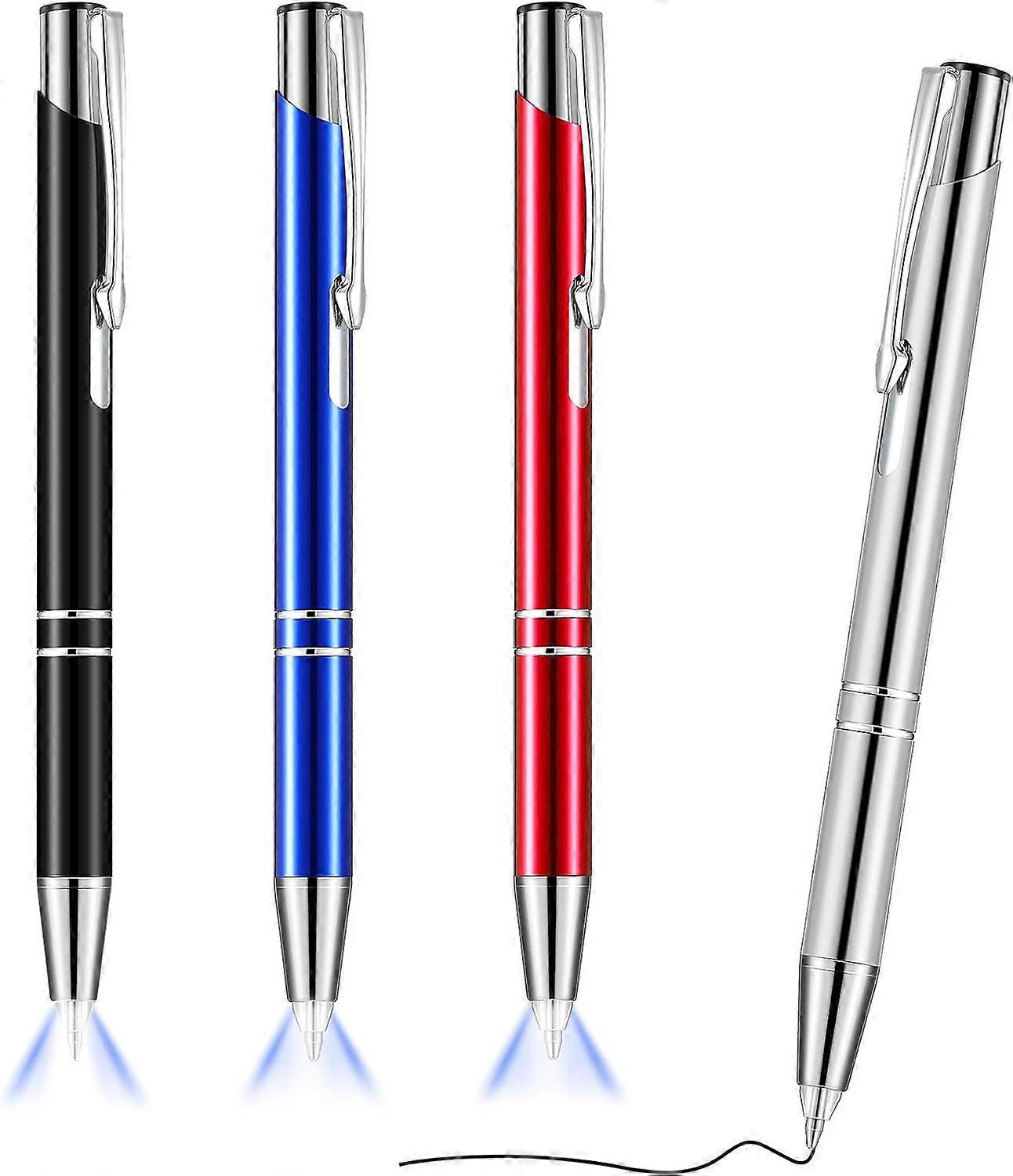 4 Pieces Luminous Tip Pen Ballpoint Pen with LED Light Pen with LED Flashlight Luminous Pen for Writing in the Dark (Black, Silver, Blue, Red)
