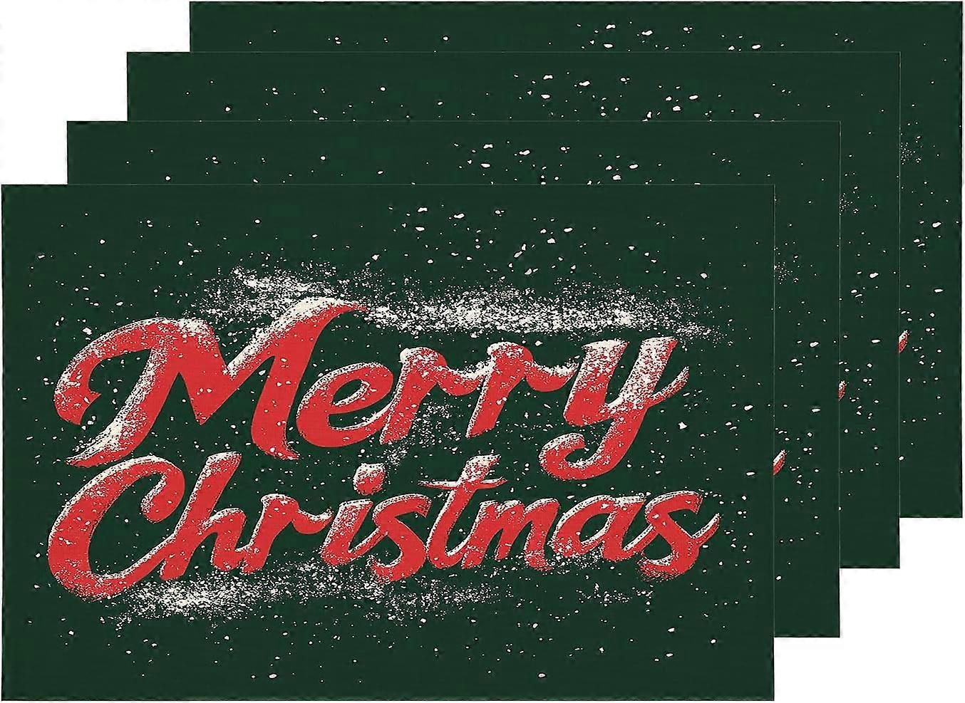 Red Christmas Text Placemats, Green Background White Fragment Table Mat Linen Burlap Washable Double-Deck Heat Insulation for Dining Table Kitchen Tab