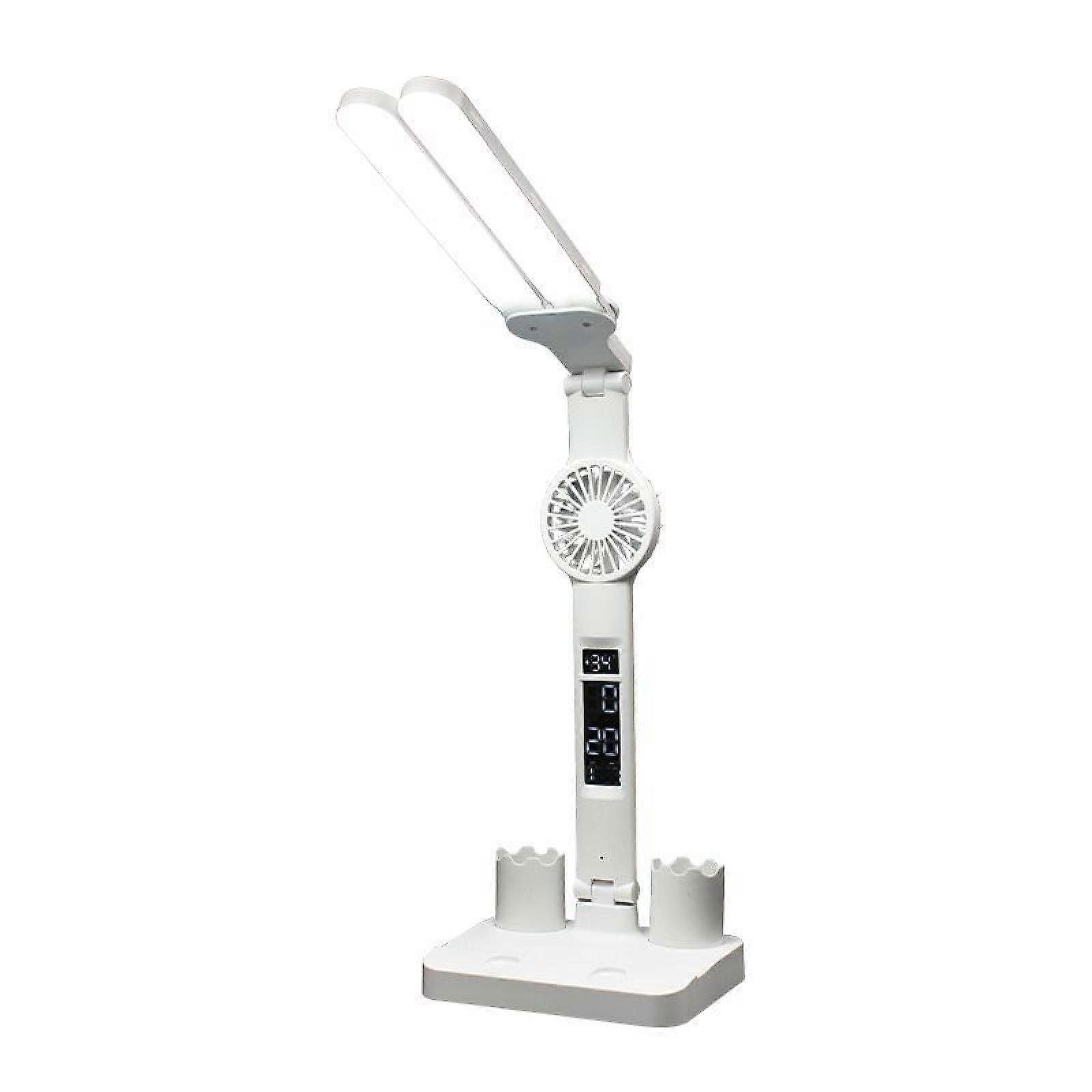 LED desk lamp with fan, dimmable lamp with clock, date, temperature, desktop computer study lamp for school dormitory bedroom bedside office -GSLA