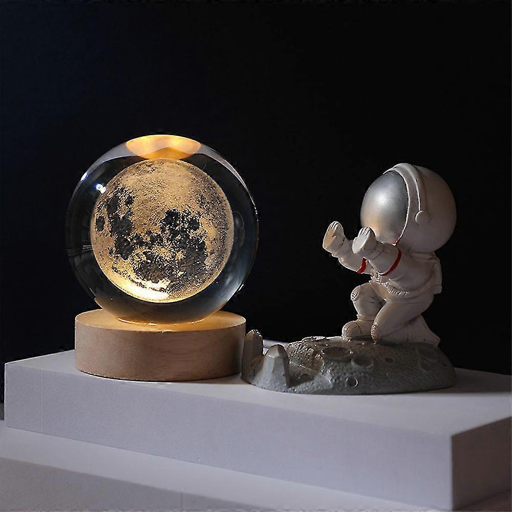 Creative Crystal Desktop Ornament Universe Ball Wooden Base Stand Led Light